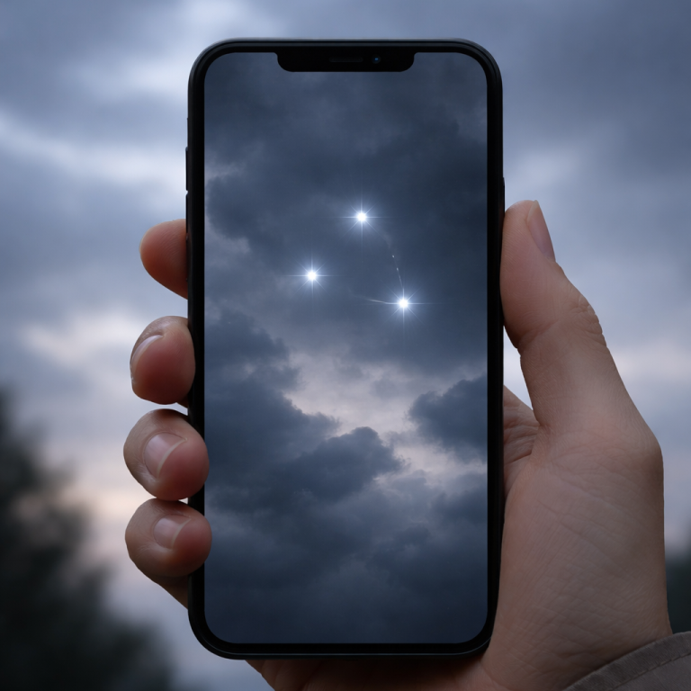UFO/UAP-Meldestelle öffnen Smartphone vor dunklem Himmel mit drei leuchtenden Punkten