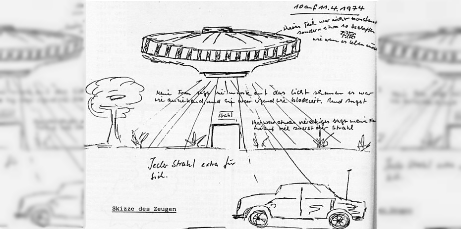 Hochheim a. M. 1974 - Zeugen berichten von Lichtstrahl und Zeitverlust Zeugenskizze einer klassischen fliegenden Untertasse, die einen Lichtstrahl auf ein Fahrzeug richtet, in dem sich die Zeugen befanden.