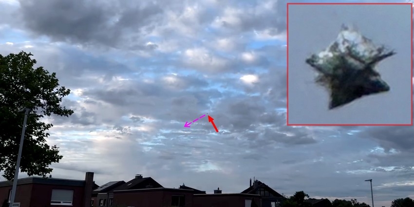 Neustadt a. R. 2024 - wahrscheinlich Folienballon Am bewölkten Himmel ein Objekt, das Licht zu reflektieren scheint und wie zwei aufeinandergelegte quadratische Kissen aussieht.
