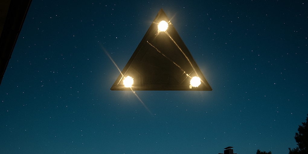 Neuenburg a. R. 2013 - KI-Rekonstruktion einer Sichtung Schwarzes gleichschenkliges flächenartiges Dreieck am Himmel, an dessen Spitzen sich helle runde Lichter befinden.